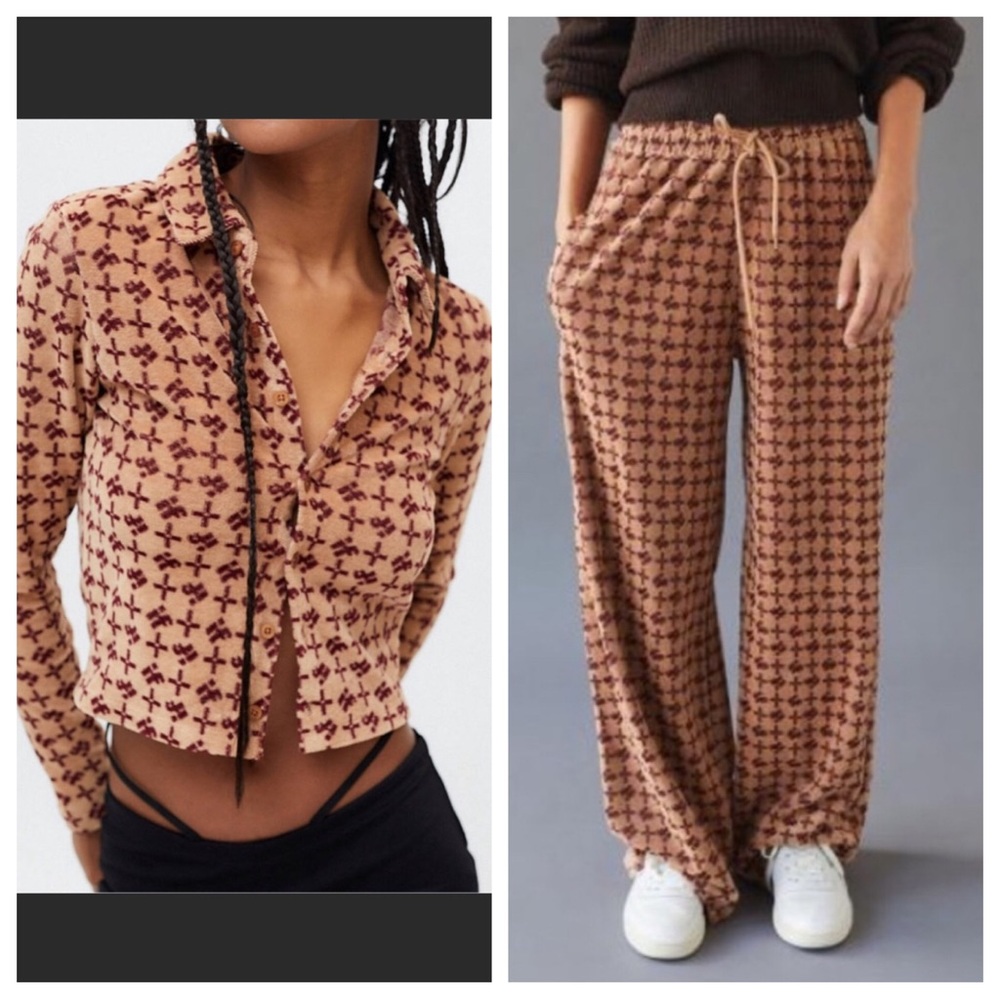 IETS FRANS | Two Piece Set Tan & Burgundy Top/Pants Women’s Size XS/M
